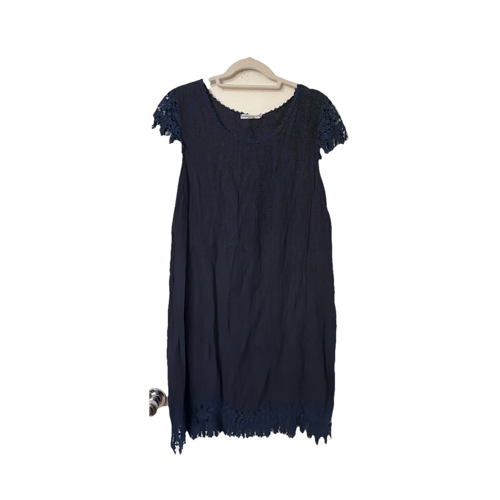 Martina Innocenti Womens Dress Size L 100%‎ Linen Italy Floral Crochet Trim Cap
